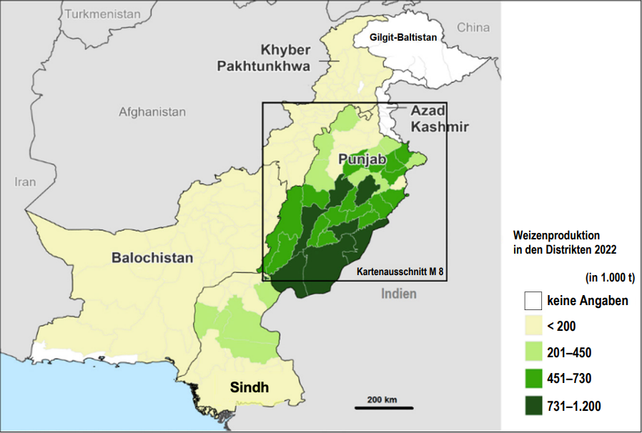 Karte Pakistans mit farbigen Bezirken und Legende zur Weizenproduktion 2022.